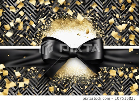 black bow with golden confetti on the background, the concept of gifts of holidays and sales, black friday black bow with golden confetti on the background, the concept of gifts of holidays and sales, black friday 107516823