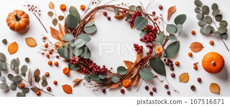 Thanksgiving day or Halloween concept banner. Top view white background decor from pumpkin, red berry, green leaves with copy space. autumn and fall season background. Thanksgiving day or Halloween concept banner. Top view white background decor from pumpkin, red berry, green leaves with copy space. autumn and fall season background. 107516871