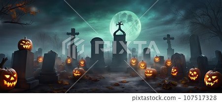banner Halloween pumpkins and dark graveyard on full Moon background banner Halloween pumpkins and dark graveyard on full Moon background 107517328
