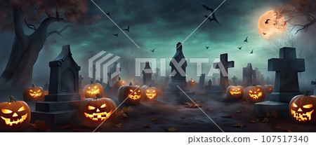 banner of scary Jack-O-lanterns, carved pumpkins for Halloween at graveyard and gravestones 107517340