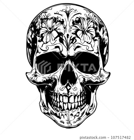 Day of The Dead, Human skull in flowers sketch hand drawn engraved style Vector illustration. Day of The Dead, Human skull in flowers sketch hand drawn engraved style Vector illustration. 107517482