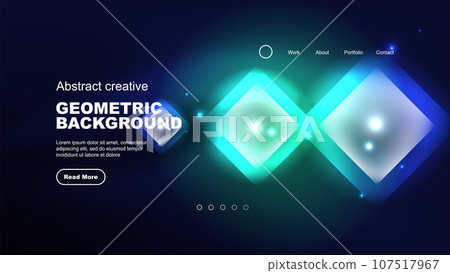 Abstract background landing page, glass geometric shapes with glowing neon light reflections, energy effect concept on glossy forms 107517967