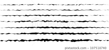 Jagged uneven lines set. Black scribble stroke collection. Grunge wavy zig zag border stripes bundle. Edgy rough scribble design elements pack for poster, banner, booklet, brochure, decoration. Vector 107518740