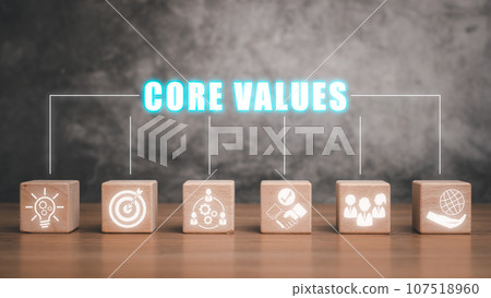 Core values concept, Wooden block on desk with core values icon on virtual screen. 107518960
