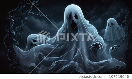 Spooky Halloween Ghost In Spooky dark Night. Holiday event halloween background concept for halloween card 107519046