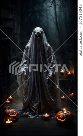 Spooky Halloween Ghost In Spooky dark Night. Holiday event halloween background concept for halloween card 107519049