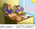 Father and son making a wooden birdhouse together, cartoon vector illustration 107519407