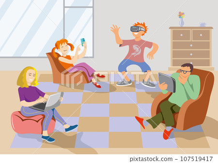 Family members using electronic gadgets at home, flat cartoon vector illustration 107519417