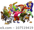 Pie fight, cake battle, people fights among confectionery, vector illustration 107519419