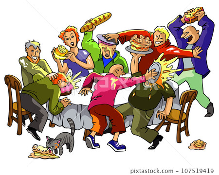 Pie fight, cake battle, people fights among confectionery, vector illustration 107519419