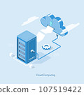 Cloud storage download isometric. Digital service with data transfering. 3d servers and datacenter connection network. 107519422