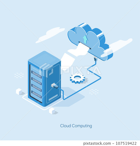 Cloud storage download isometric. Digital service with data transfering. 3d servers and datacenter connection network. 107519422