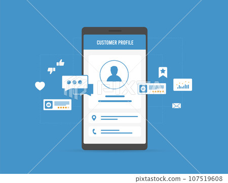 Customer profile concept. Client relationship, user profile segmentation, customer management taking into user demographics, psychographics, buying patterns. Vector illustration on blue background 107519608