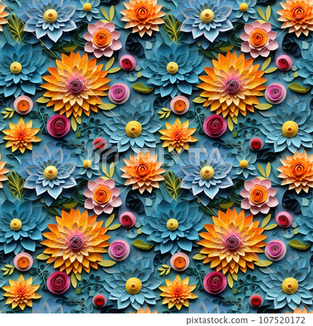 Paper quilling colorful flowers seamless background AI image 107520172