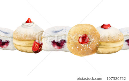 Hanukkah seamless border with donuts and dreidels watercolor illustration isolated on white background. Hand drawn Jewish sevivon, doughnuts, sufganiyah,. Chanukah pastry with strawberry jam. Hanukkah seamless border with donuts and dreidels watercolor illustration isolated on white background. Hand drawn Jewish sevivon, doughnuts, sufganiyah,. Chanukah pastry with strawberry jam. 107520732