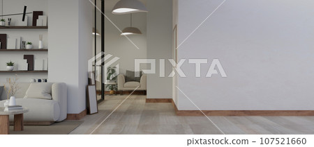 Interior design of a modern spacious living room corridor with an empty white mockup wall. Interior design of a modern spacious living room corridor with an empty white mockup wall. 107521660