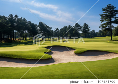 Beautiful golf course with sand bunkers with blue sky. Created with Generative AI technology. Beautiful golf course with sand bunkers with blue sky. Created with Generative AI technology. 107521799