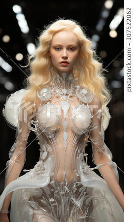 A fashion model at a catwalk in futuristic dress during a fashion show or fashion week. AI Generative. 107522062