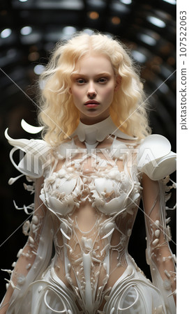 A fashion model at a catwalk in futuristic dress during a fashion show or fashion week. AI Generative. 107522063