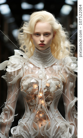 A fashion model at a catwalk in futuristic dress during a fashion show or fashion week. AI Generative. 107522064