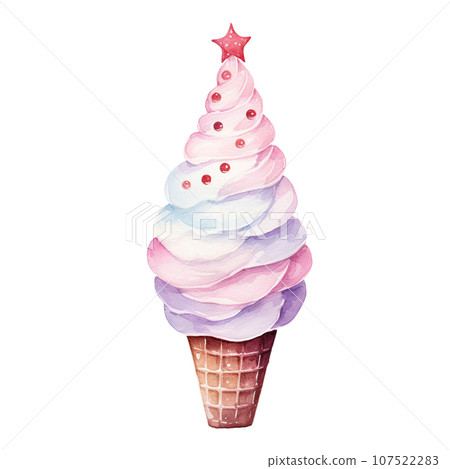 Christmas Ice Cream Cone in style watercolor.Merry Christmas and Happy new year concept. Christmas Ice Cream Cone in style watercolor.Merry Christmas and Happy new year concept. 107522283