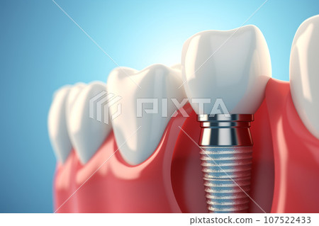 3D generated dental teeth implant.Health concept.Created with Generative AI technology. 107522433