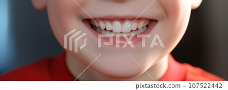 Close up of a little boy smiling with clean teeth.Health concept.Created with Generative AI technology. Close up of a little boy smiling with clean teeth.Health concept.Created with Generative AI technology. 107522442