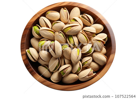 Bowl of pistachios on isolated background.Healthy and vegan concept.Created with Generative AI technology. 107522564