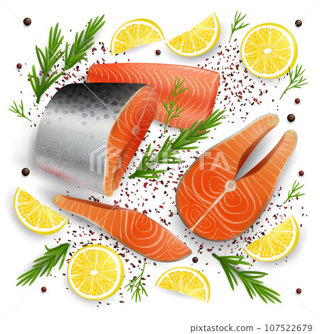 Salmon red fish, vector 3d realistic illustration 107522679