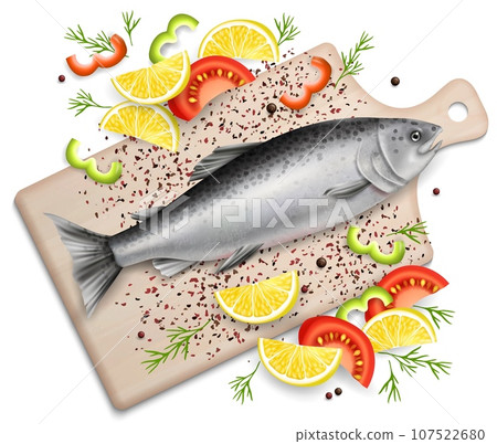 Salmon red fish on cutting board, vector realistic illustration Salmon red fish on cutting board, vector realistic illustration 107522680