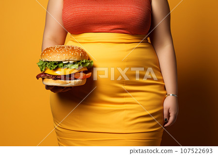 Fat woman holding hamburger on yellow background.Healthy and diet concept.Created with Generative AI technology. Fat woman holding hamburger on yellow background.Healthy and diet concept.Created with Generative AI technology. 107522693