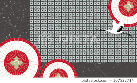 A congratulatory background frame illustration with cranes dancing against a background of Japanese patterns and Japanese umbrellas 107522714