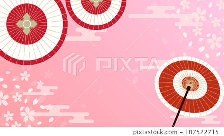 A cute and auspicious background frame illustration with a Japanese pattern featuring a Japanese umbrella, mist, and cherry blossoms as motifs. A cute and auspicious background frame illustration with a Japanese pattern featuring a Japanese umbrella, mist, and cherry blossoms as motifs. 107522715