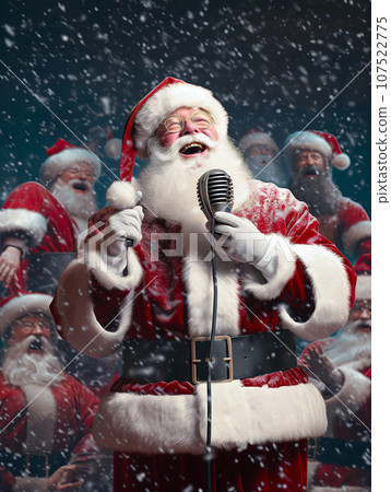 Santa Claus vocalist star singing. Merry Christmas and Happy new year concept. Generative Ai. Santa Claus vocalist star singing. Merry Christmas and Happy new year concept. Generative Ai. 107522775