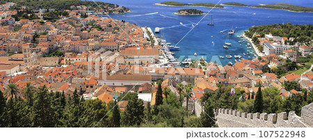 Aerial view of Dubrovnik Old Town on coast of Adriatic Sea with the funicular on the foreground, Croatia, Europe Aerial view of Dubrovnik Old Town on coast of Adriatic Sea with the funicular on the foreground, Croatia, Europe 107522948