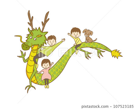 A family of three and a dog riding on the back of a dragon (no text) A family of three and a dog riding on the back of a dragon (no text) 107523185