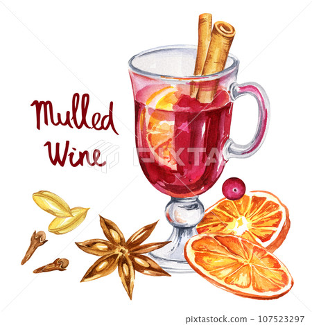 Watercolor composition with a glass of mulled red wine and ingredients, orange, cinnamon, berries, cloves. lettering, hand drawn sketch, illustration of drink isolated on white background Watercolor composition with a glass of mulled red wine and ingredients, orange, cinnamon, berries, cloves. lettering, hand drawn sketch, illustration of drink isolated on white background 107523297
