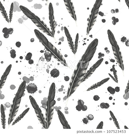 Seamless pattern watercolor illustrations of cuckoo feathers and ink spots. Isolated on a transparent background, hand-drawn. Seamless pattern watercolor illustrations of cuckoo feathers and ink spots. Isolated on a transparent background, hand-drawn. 107523453