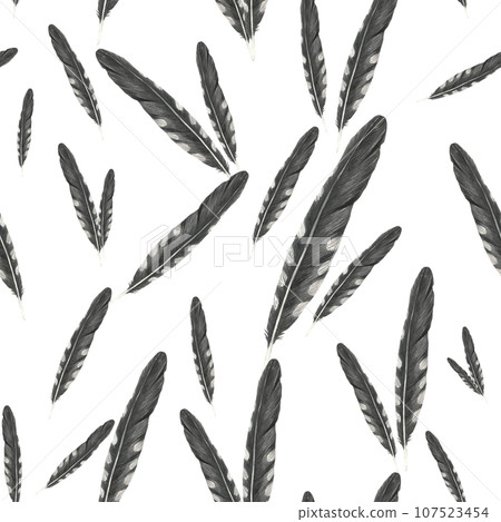 Seamless pattern watercolor illustration of cuckoo feathers, isolated on a transparent background hand drawn Seamless pattern watercolor illustration of cuckoo feathers, isolated on a transparent background hand drawn 107523454