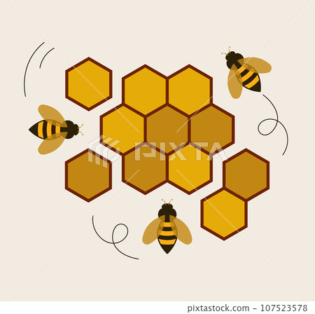 Honeycomb and bees on white background vector illustration. 107523578