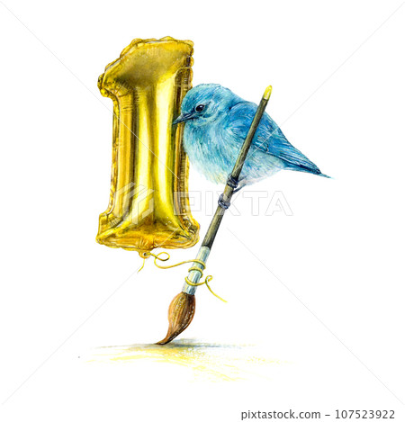Watercolor illustration set of golden balloon and bluebird and paintbrush hand-drawn on white background. Realistic picture of birthday decoration. For icon logo banners cards textile prints wrapping Watercolor illustration set of golden balloon and bluebird and paintbrush hand-drawn on white background. Realistic picture of birthday decoration. For icon logo banners cards textile prints wrapping 107523922