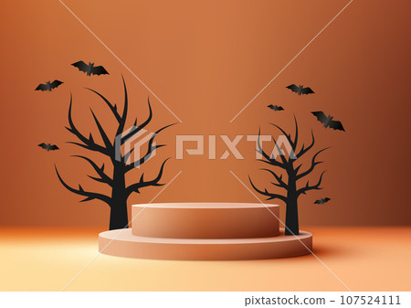 Halloween Theme Product Display 3D Orange Podium with Black Dead Tree and Bats 107524111