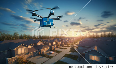 Fulfillment of E-Commerce A package delivery drone flies over a suburban neighborhood, showcasing e-commerce companies' efficient delivery systems. Fulfillment of E-Commerce A package delivery drone flies over a suburban neighborhood, showcasing e-commerce companies' efficient delivery systems. 107524176