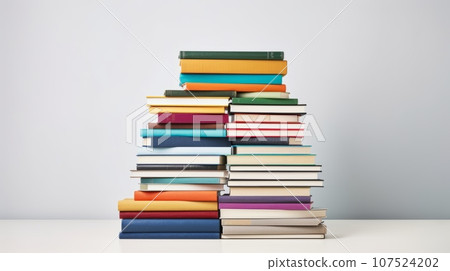 A stack of books in various colors and sizes on a white background. The books are hardcover and new. The books are arranged in a pyramid shape. 107524202
