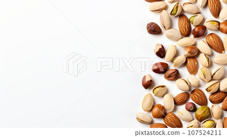 A collection of various nuts almonds, walnuts, and pistachios neatly arranged. A collection of various nuts almonds, walnuts, and pistachios neatly arranged. 107524211