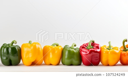 On a white background, a colorful display of fresh bell peppers. This image emphasizes the variety and brilliance of these nutritious vegetables, which can be used in cooking, salads, or as snacks On a white background, a colorful display of fresh bell peppers. This image emphasizes the variety and brilliance of these nutritious vegetables, which can be used in cooking, salads, or as snacks 107524249