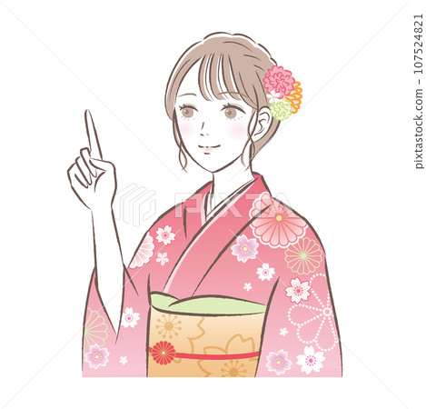 Illustration of a gorgeous young woman in a kimono or long-sleeved kimono in a pointing pose, Coming of Age Ceremony/New Year's Day 107524821