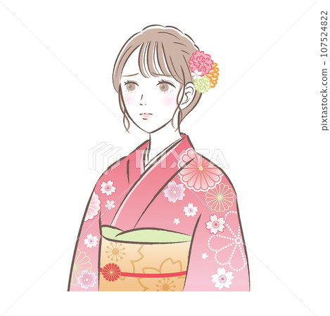 Illustration of a young woman wearing traditional Japanese kimono and long-sleeved kimono with an anxious expression. Coming-of-age ceremony/New Year's Illustration of a young woman wearing traditional Japanese kimono and long-sleeved kimono with an anxious expression. Coming-of-age ceremony/New Year's 107524822