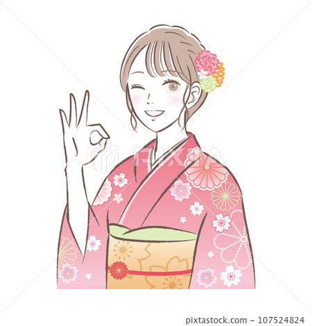 Illustration of a gorgeous young woman in a kimono or long-sleeved kimono doing an OK pose. Coming-of-age ceremony/New Year's Day Illustration of a gorgeous young woman in a kimono or long-sleeved kimono doing an OK pose. Coming-of-age ceremony/New Year's Day 107524824