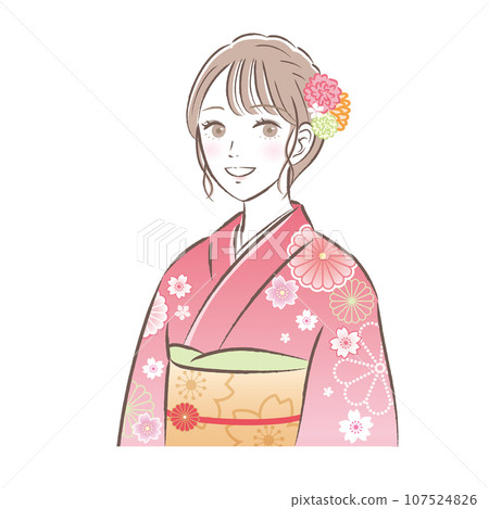 Illustration of a smiling young woman in traditional Japanese kimono/long-sleeved kimono for coming-of-age ceremony/New Year's Day Illustration of a smiling young woman in traditional Japanese kimono/long-sleeved kimono for coming-of-age ceremony/New Year's Day 107524826